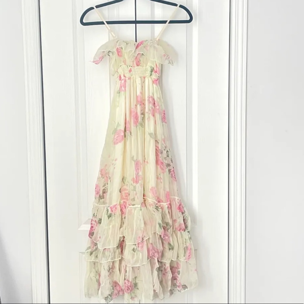 White and Pink Floral Rose Pattern Maxi Ruffle Dress XS-S